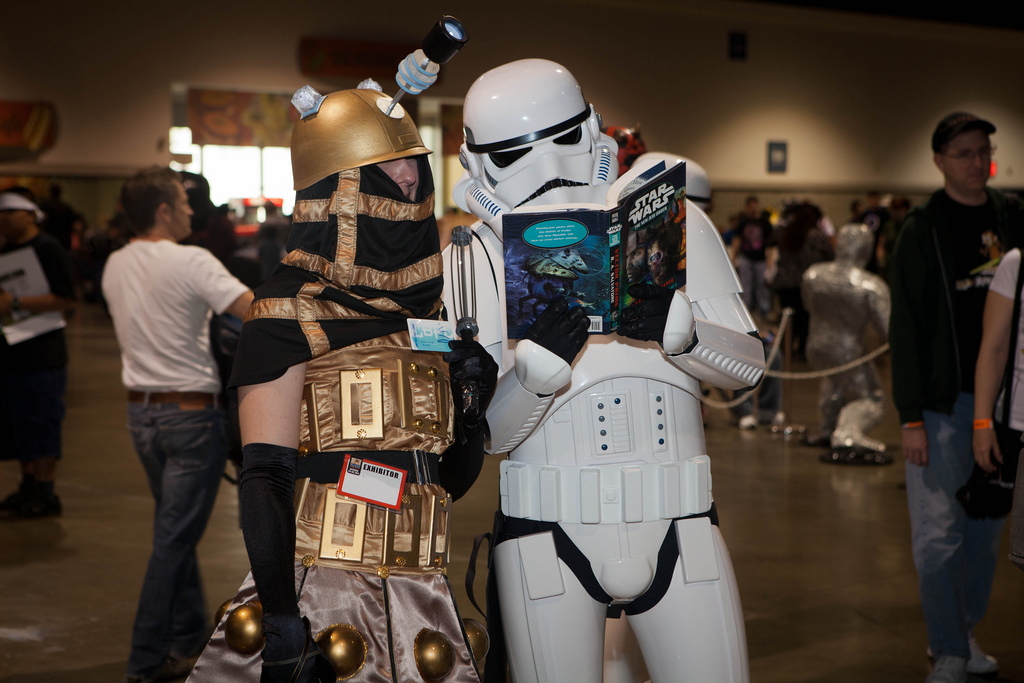 Photo of Stormtrooper reading a book.