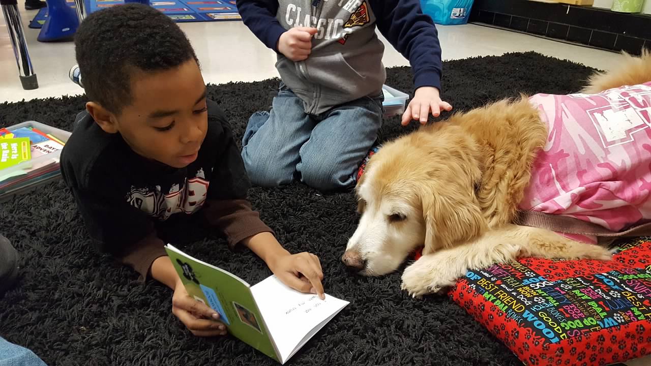 little boy reading to a dog