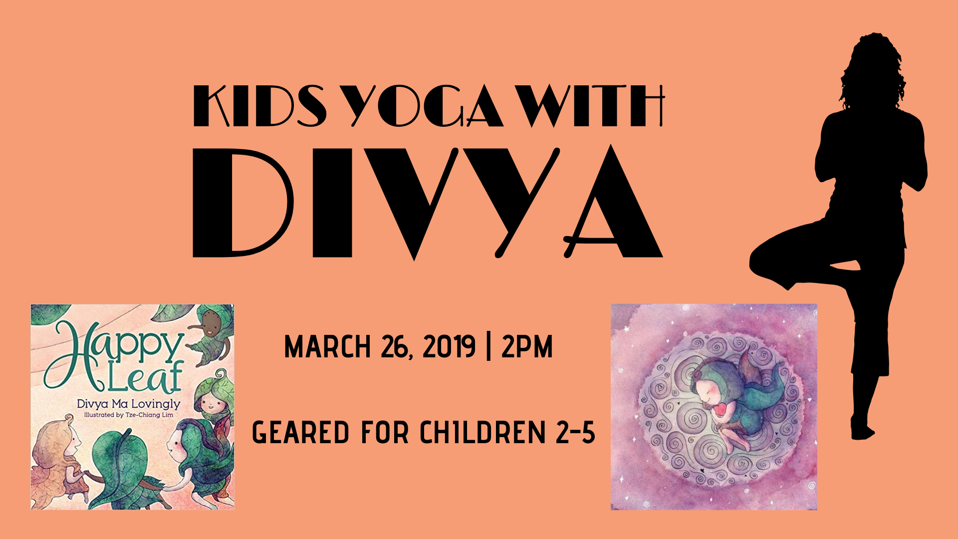 Kids Yoga with Divya and the cover of the book Happy Leaf. 