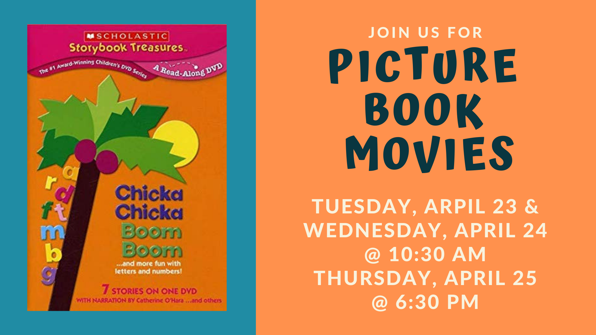 Picture Book Movies flyer with the DVD cover of the Chicka Chicka Boom Boom book on the front.