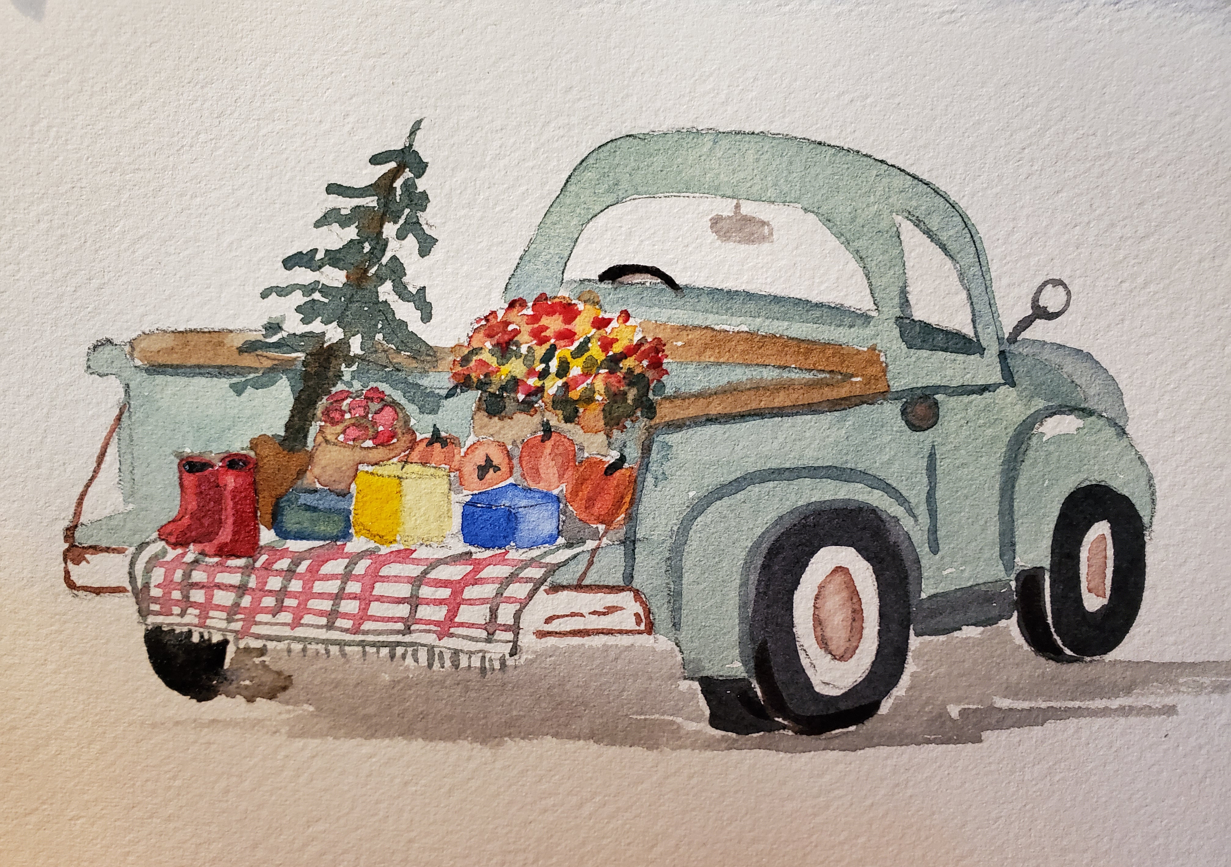 waterolor painting of holiday truck
