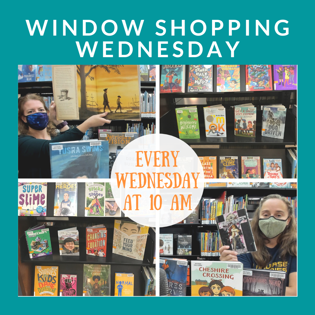 ad for Window Shopping Wednesday program featuring Librarians and new book shelves.