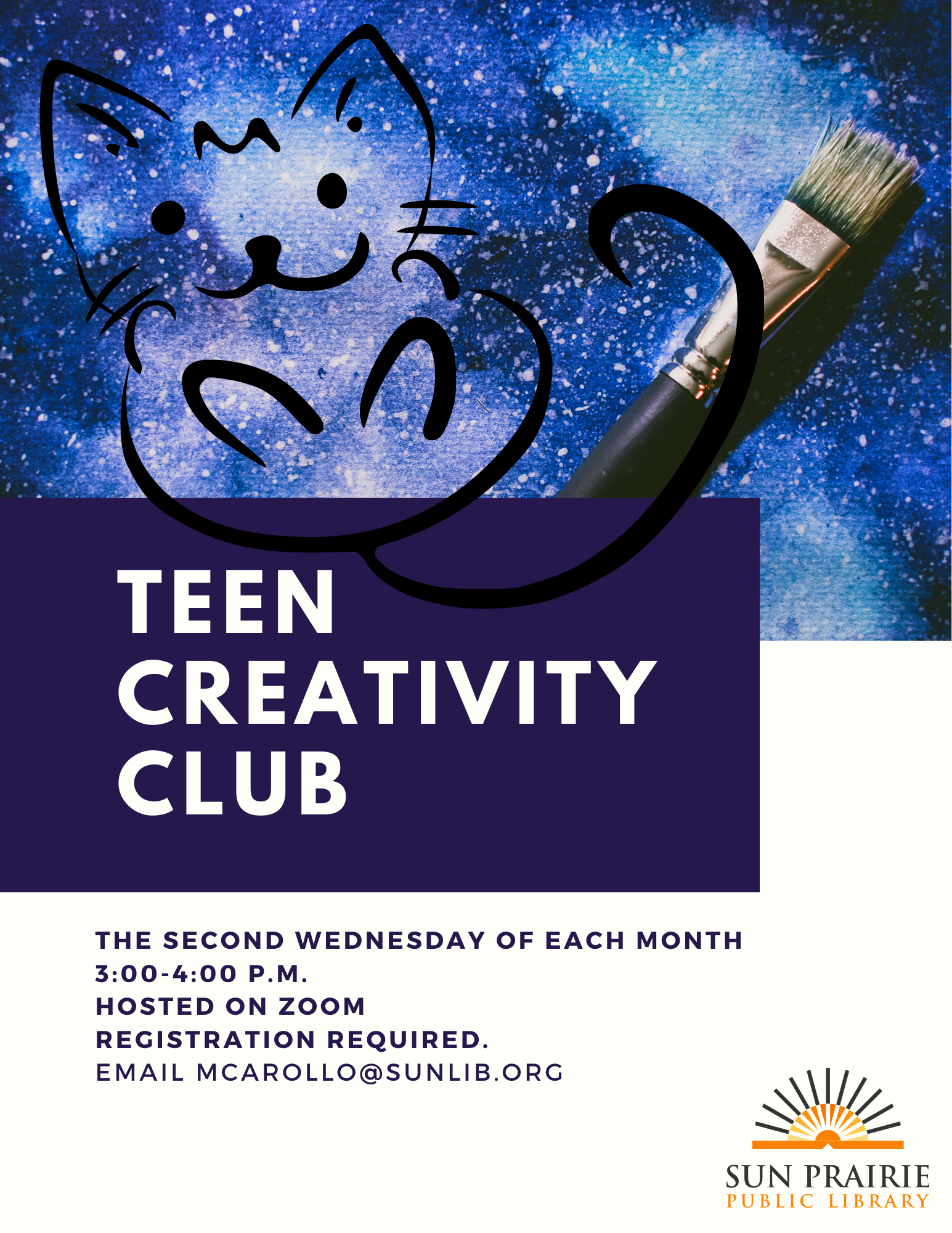 image of a cat and a paint brush advertising teen creativity club.