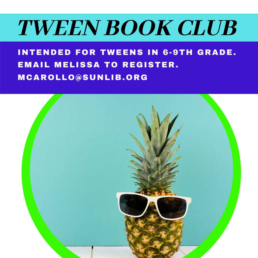 Tween Book club, a photo of a pineapple with sunglasses on it.