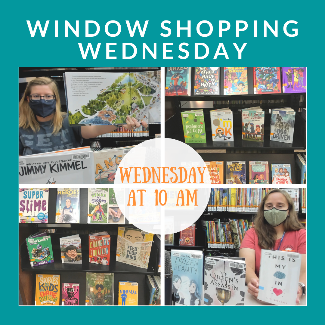 Window Shopping Wednesday ad with photos of Sammy and Melissa holding up books. 