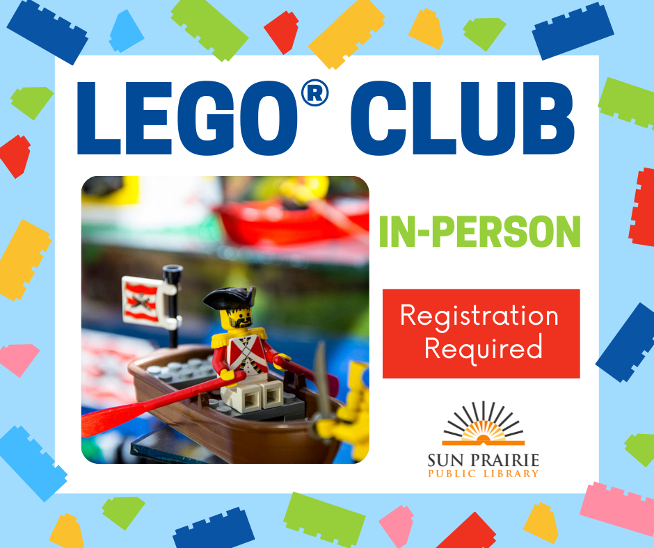 LEGO Club, In-Person, Registration Required. Lego blocks floating around the edges. 