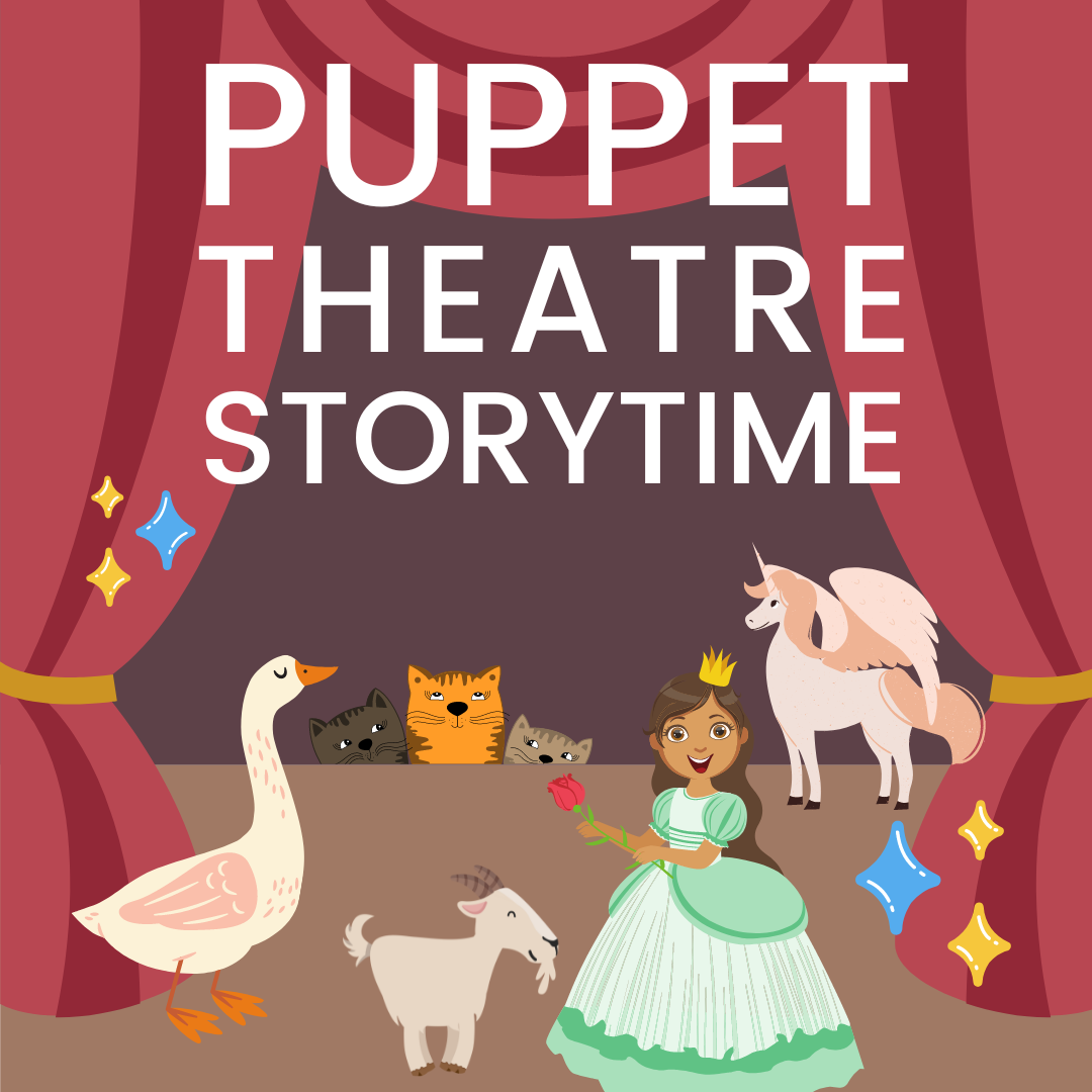 "Puppet Theatre Storytime" Behind the text is a stage with different puppets on it.