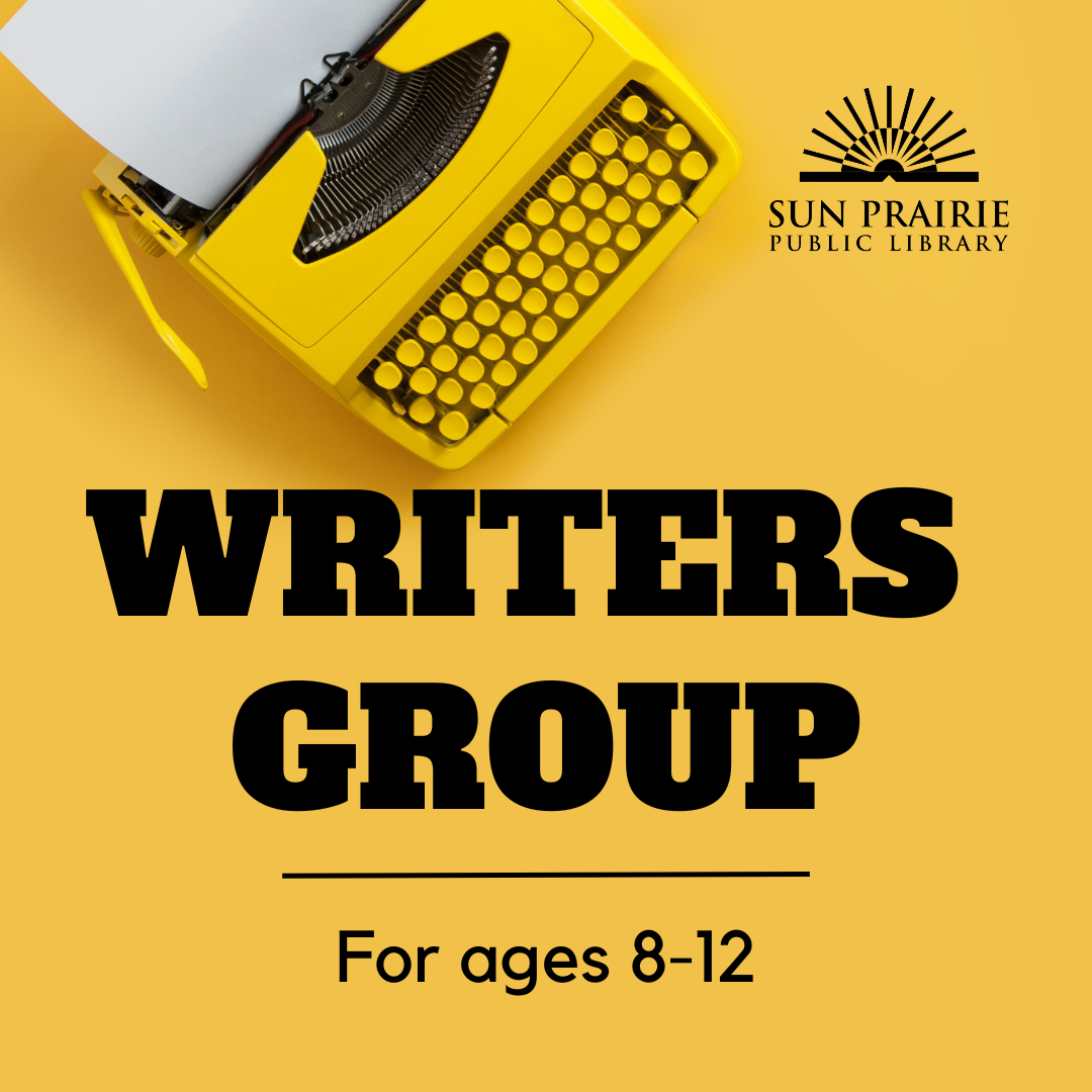Yellow background, yellow typewriter. Black text: Writers Group, for ages 8-12. Black SPPL logo. 