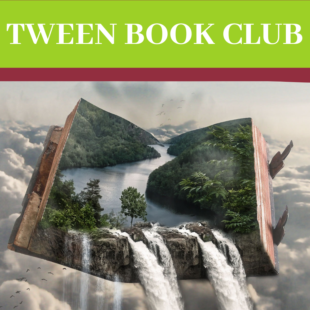 Tween Book Club image featuring a book opening to reveal a waterfall. 