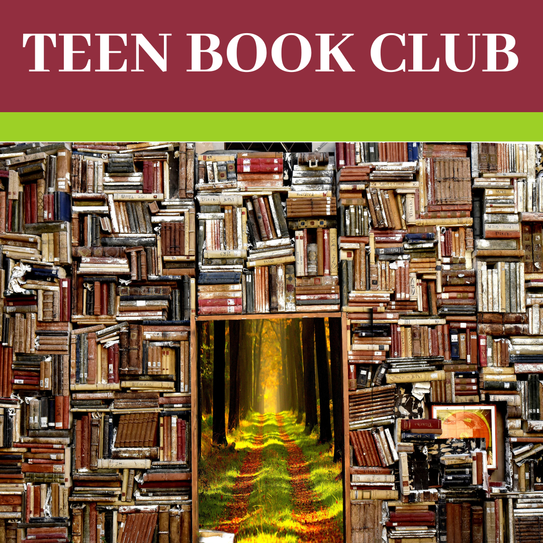 Teen Book Club image featuring a wall of books with a doorway revealing a grass road.