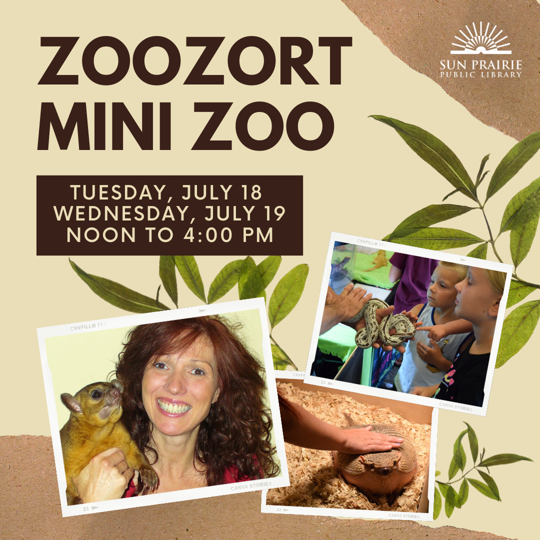 Zoozort Mini Zoo. Image of Noelle with her animals, and photos of kids getting to touch some of the animals. SPPL logo in white in the top right.
