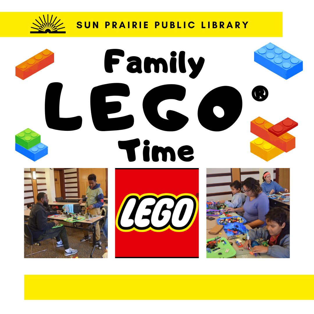 SPPL logo on top, black on bright yellow. Family LEGO Time in black block letters. 3 images in a row, first is a photo of a father and son playing with LEGOs together, second is the LEGO logo, third is a photo of a mom playing with LEGOs with her two children.