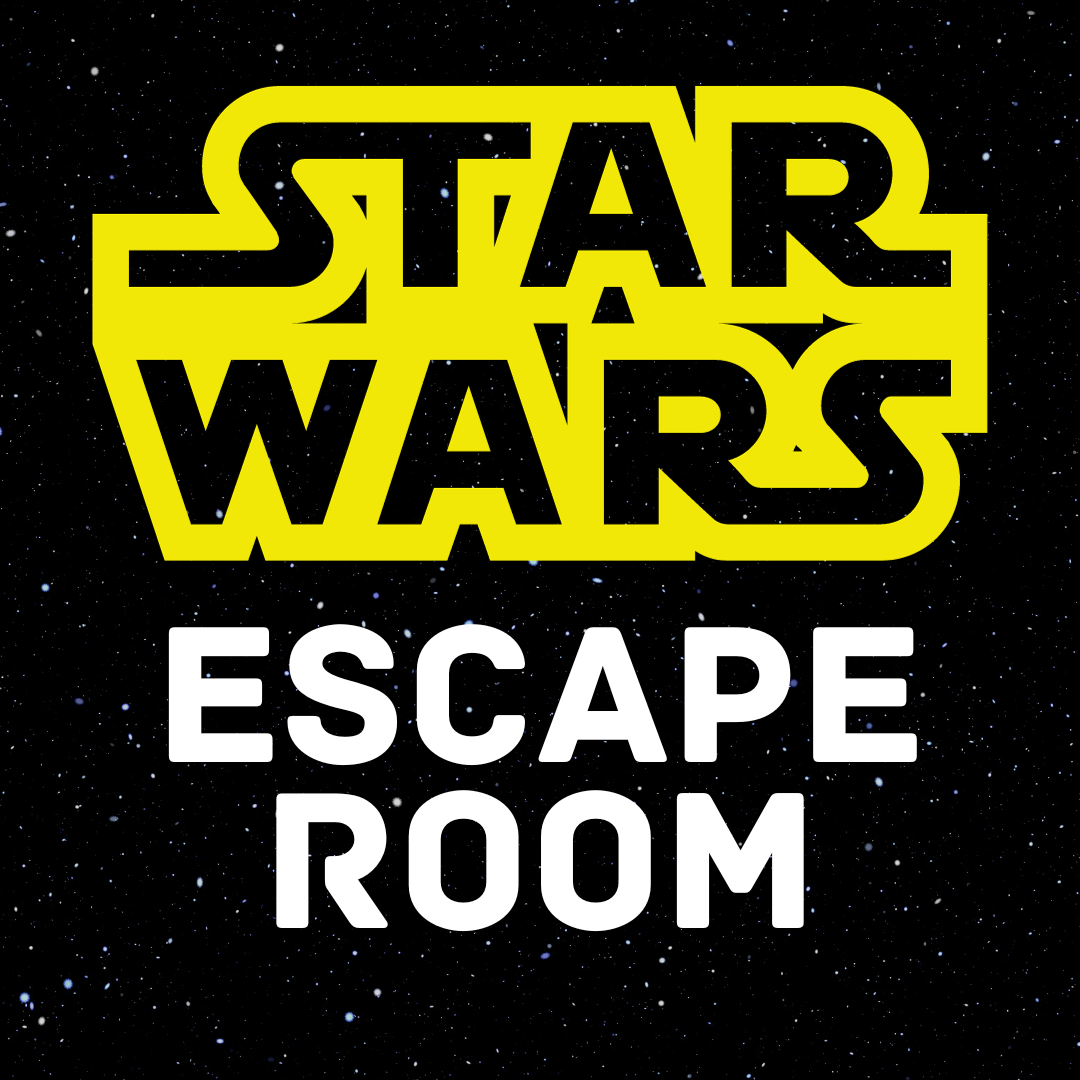 Star Wars (yellow text) Escape Room (white text) on a black starry background. 
