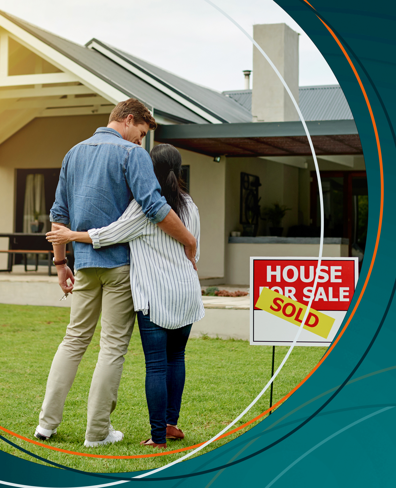 Image of couple standing in front of house with "Sold" sign