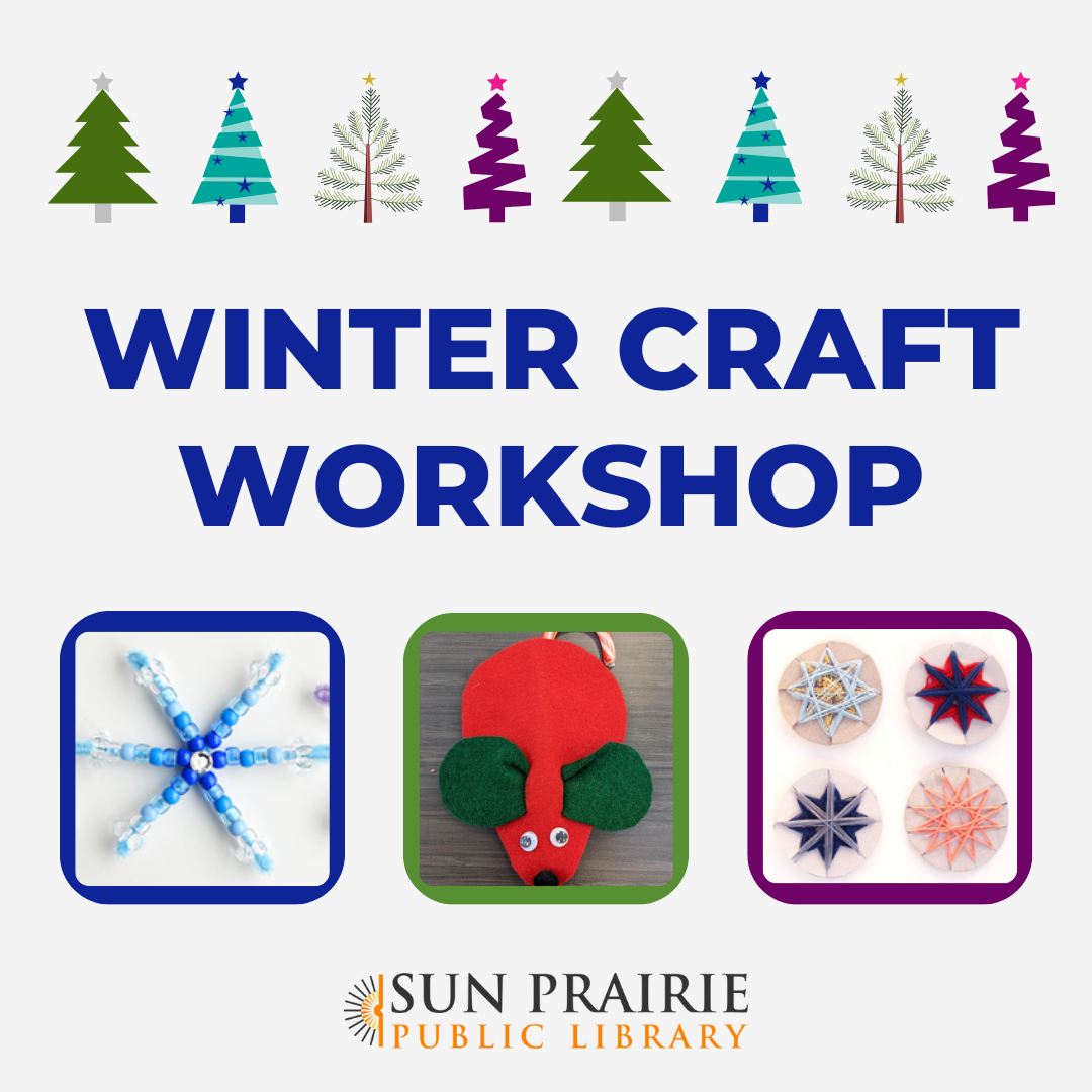 Text: Winter Craft Workshop. Green, blue, silver, and purple trees at the top. Image of a beaded snowflake, a felt mouse with a candy cane, and stars made out of yarn. SPPL logo at the bottom.