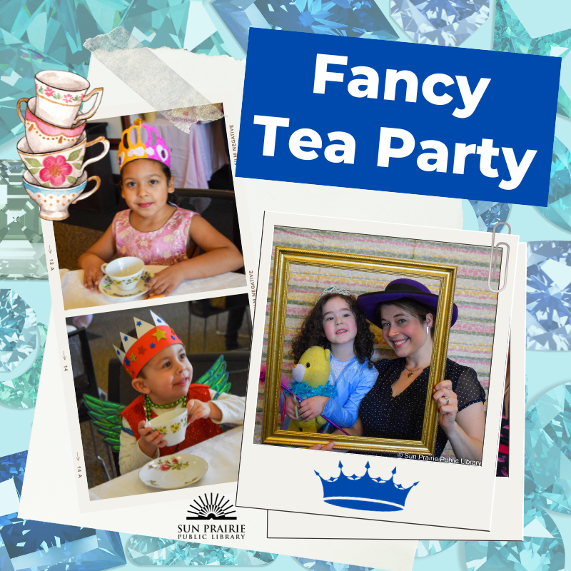 Fancy Tea Party. Images of a girl with a tea cup, boy dressed up, and mom and daughter dressed up.