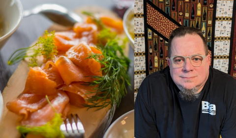 Salmon dish and headshot of Chef Jason