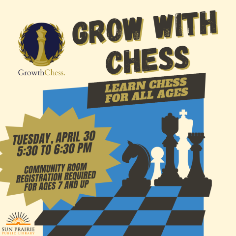 Growth Chess logo. Title: Grow with Chess: Learn Chess for All Ages. Chess board black and blue. SPPL logo. 