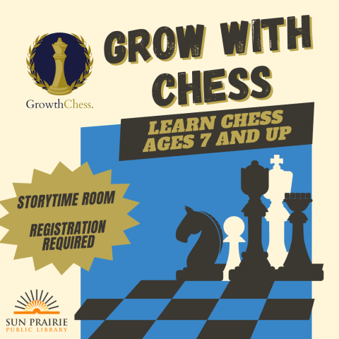 Growth Chess logo. Title: Grow with Chess: Learn Chess Ages 7 and Up. Chess board black and blue. SPPL logo. 