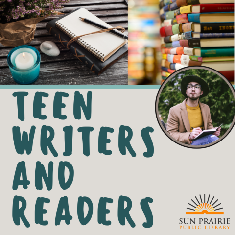 Teen Writers and Readers featuring books, notebooks, and young person with a notebook.