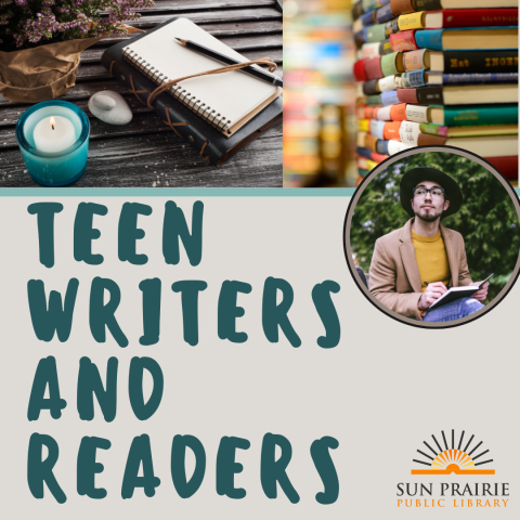 Teen Writers and Readers image featuring notebooks, pens, book, and a teen 