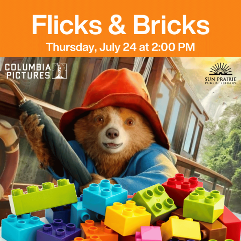 Flicks & Bricks: Thursday, July 24 at 2:00 PM. Image of Paddington hanging on a boat. 
