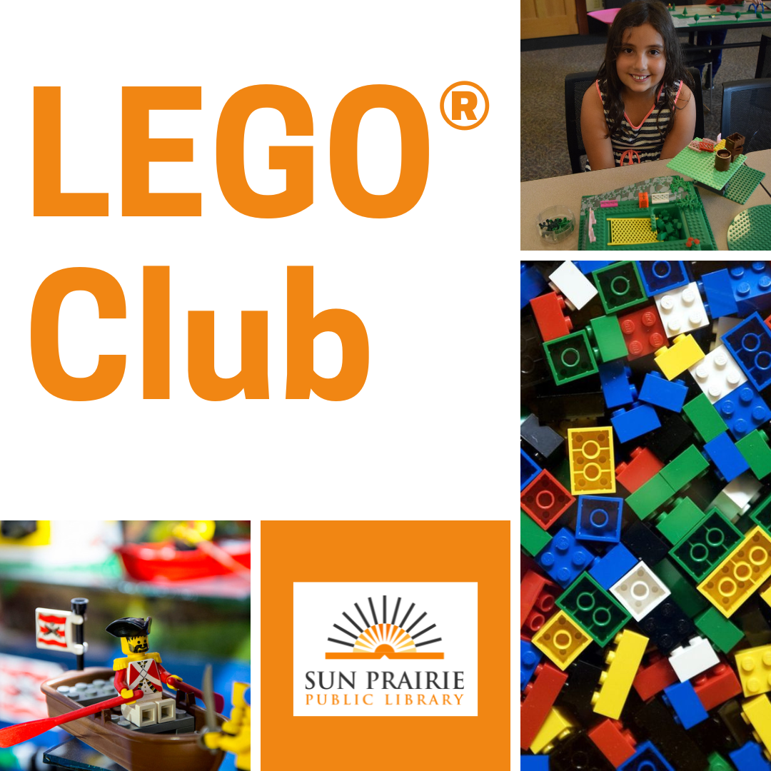 LEGO Club Photo of kid with their LEGO creation, photo of a pile of LEGOs, photo of a LEGO figure on a boat. SPPL logo.