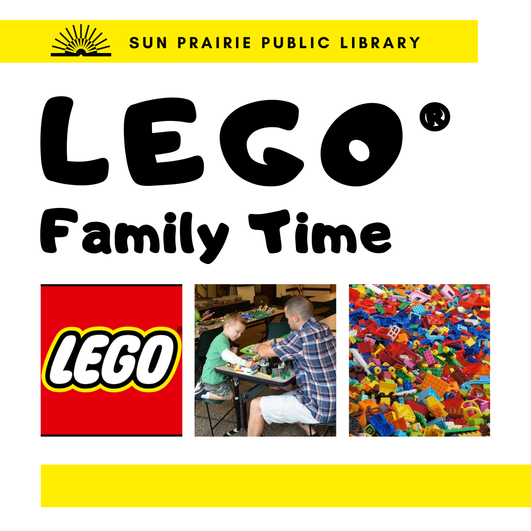 SPPL logo on top, black on bright yellow. LEGO Family Time in black block letters. 3 images in a row, first is the LEGO logo, second is a photo of a father and son playing with LEGOs together, third is a pile of LEGOS. 