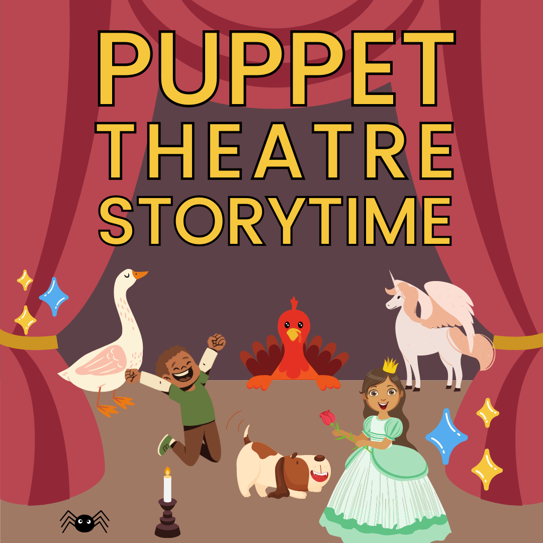 "Puppet Theatre Storytime" Behind the text is a stage with different puppets on it.