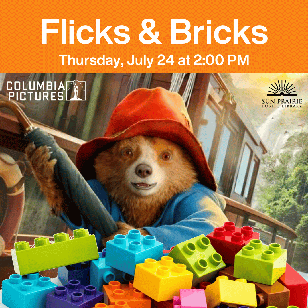 Flicks & Bricks: Thursday, July 24 at 2:00 PM. Image of Paddington hanging on a boat. 