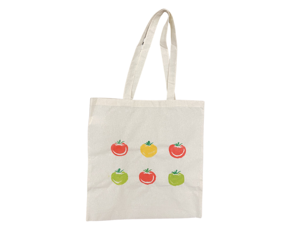 Tote bag stenciled with tomatoes
